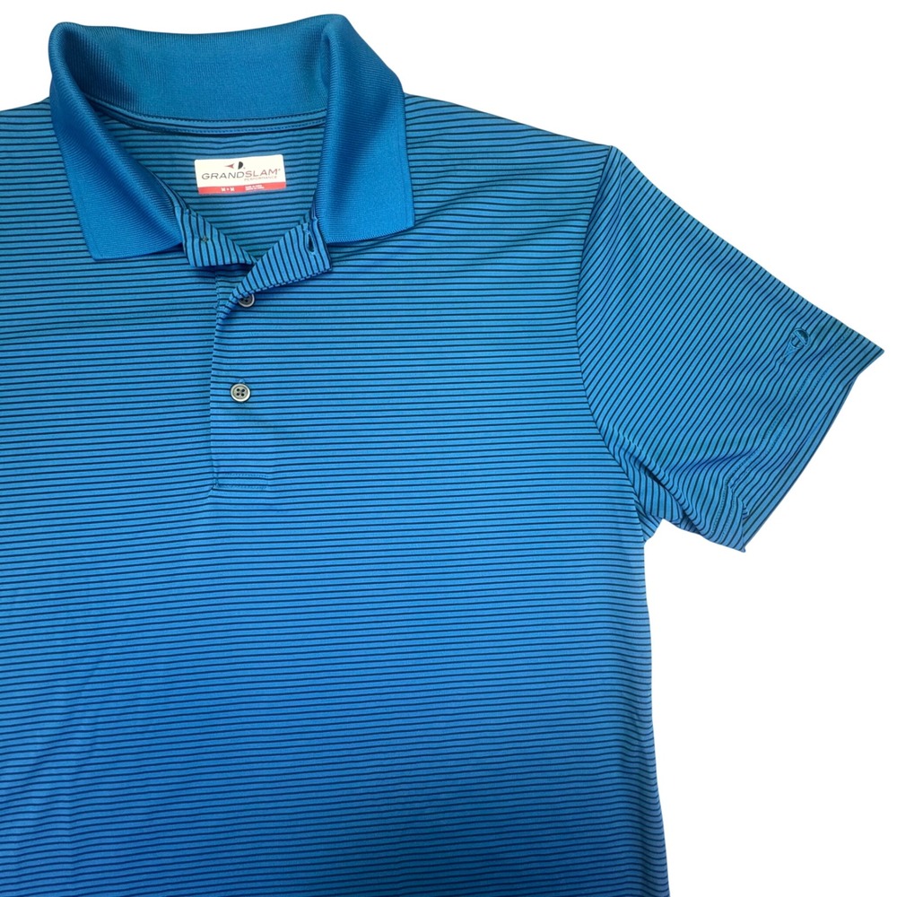 Grand Slam Polo‎ Shirt Men's Medium Performance Blue Striped Golf Preppy Active
